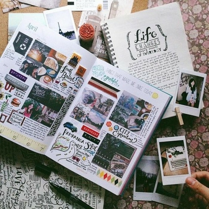 adventure journal ideas several scrapbooks journals notebooks photos stickers cutouts decoration colorful images writing black pen on flowery background